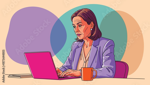Empowered modern businesswoman diligently working on computer with an energetic abstract background
