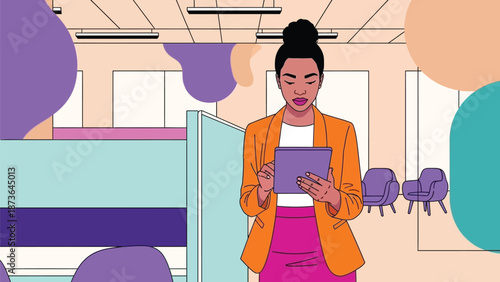 Professional woman utilizing digital tablet for efficient business operations in a contemporary