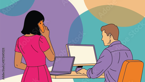 Vibrant illustration of individuals engaged in contemporary digital work and mobile communication