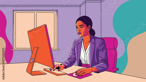 Diligent professional woman engrossed in her digital workspace, efficiently managing tasks with