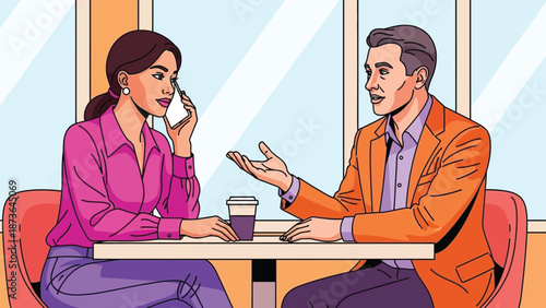 Business people engaged in a casual meeting and phone call, demonstrating modern work environment