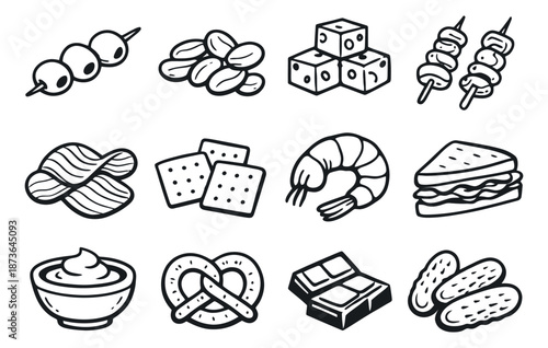 Hand drawn line art snack and appetizer set featuring various party food items for restaurant menus and catering