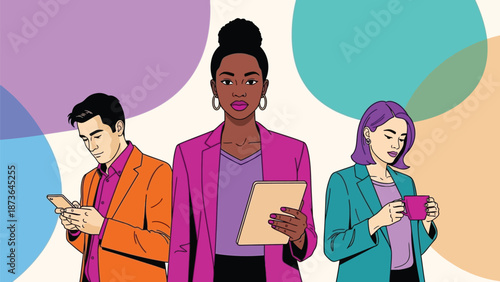 Modern diverse workforce utilizing digital devices and enjoying coffee break in a vibrant,