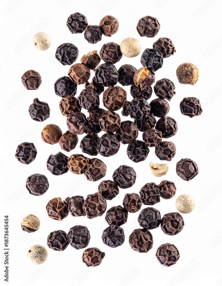 Obraz premium Exquisite Pepper Corn: a diverse mix of black, white, and peppercorns, arranged to display their unique shapes and textures, adding warmth and depth to culinary creations.