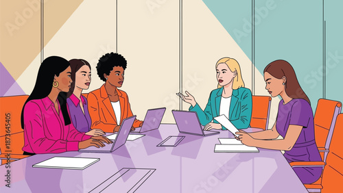 Dynamic professional women engaging in a vibrant business discussion, demonstrating teamwork and
