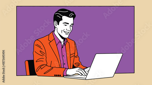 A smiling professional man actively engaged with his laptop in a vibrant, modern illustration