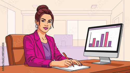 Focused businesswoman interpreting analytical reports displayed on screen and writing notes for