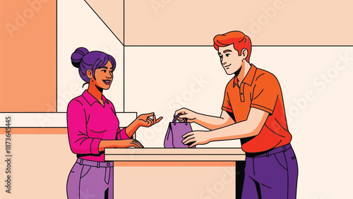 Positive retail interaction with customer receiving a package from helpful service provider with a