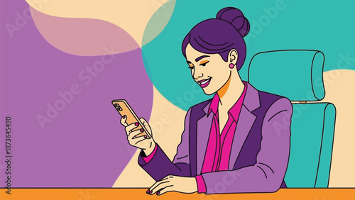 Vibrant illustration of a cheerful professional woman engaging with her smartphone at work