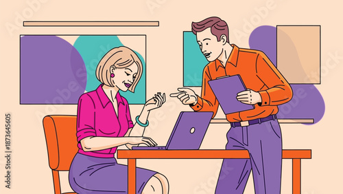 Dynamic professional colleagues collaborating on a digital project in a vibrant office