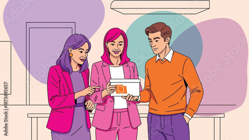 Business colleagues collaborating on a new product presentation in a modern office environment