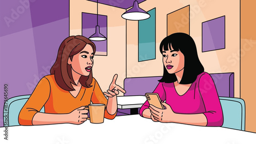 Two friends engaging in animated dialogue over coffee, sharing moments and connections in a modern