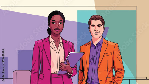 Diverse business professionals in vibrant pop art illustration representing modern corporate