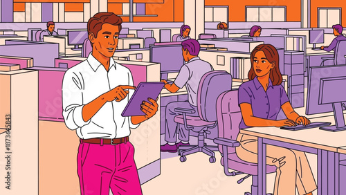 Professionals engaging in a contemporary digital office environment illustrating teamwork and