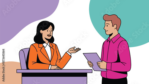 Engaging professional interaction with a woman gesturing at a desk and a man holding documents.