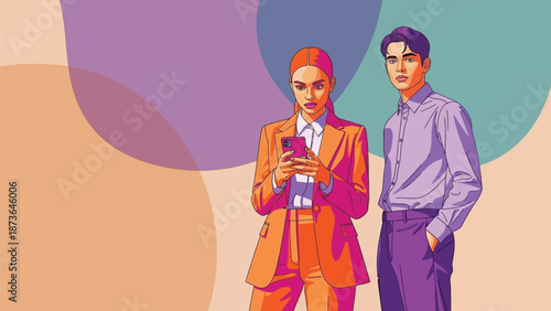 Contemporary urbanites interacting digitally within a vivid and artistic environment