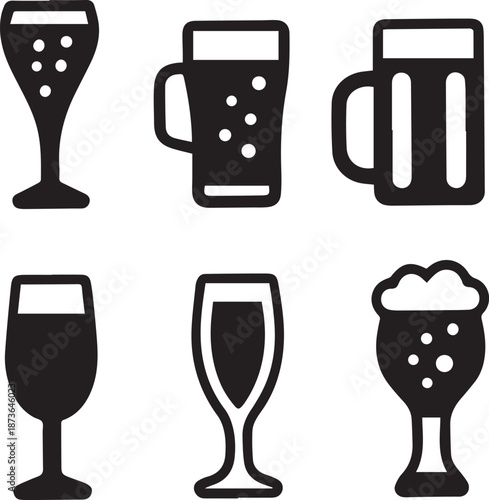 Beer Glass Shapes Black Silhouettes, Beer Glass Silhouette Vector Set
