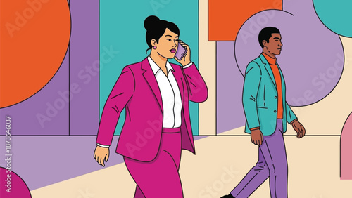 Vibrant illustration of busy urban professionals walking and communicating on mobile