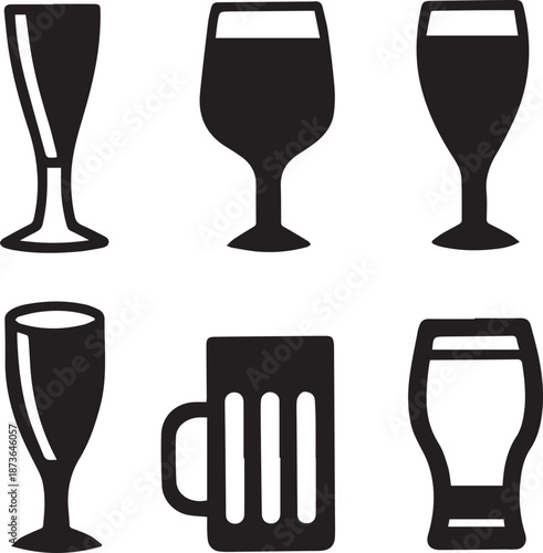 Beer Glass Shapes Black Silhouettes, Beer Glass Silhouette Vector Set