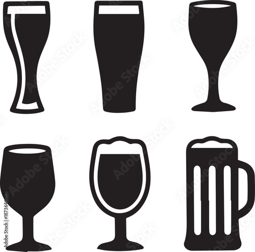 Beer Glass Shapes Black Silhouettes, Beer Glass Silhouette Vector Set