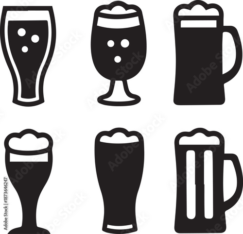 Beer Glass Shapes Black Silhouettes, Beer Glass Silhouette Vector Set