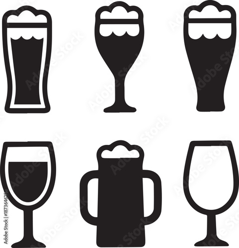 Beer Glass Shapes Black Silhouettes, Beer Glass Silhouette Vector Set