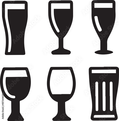 Beer Glass Shapes Black Silhouettes, Beer Glass Silhouette Vector Set