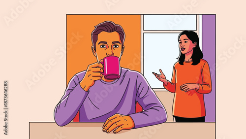 A man sips his vibrant pink beverage while a woman actively speaks and gestures in a bright indoor