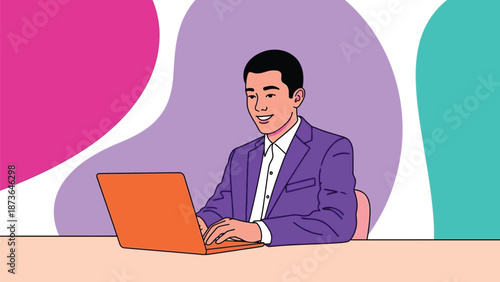 Smiling man in a purple suit efficiently working on a vibrant orange laptop in a colorful office