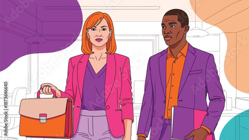 Dynamic business duo illustration depicting modern professional collaboration and corporate ambition