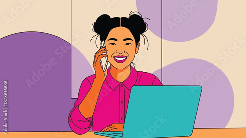 Vibrant illustration of a happy woman working remotely, engaged in a phone call with her laptop