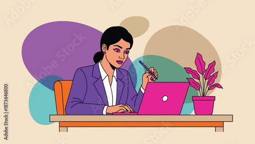 Dynamic depiction of a successful professional woman navigating her digital work environment