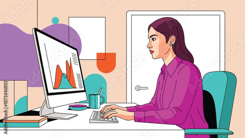 Digital data analysis by a focused professional at a modern computer in a vibrant, illustrative