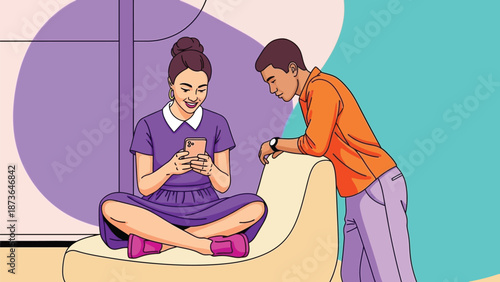 Modern digital connection among youthful individuals sharing smartphone content with smiles