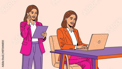 Modern businesswomen engaged in diverse office activities, embodying professional efficiency and