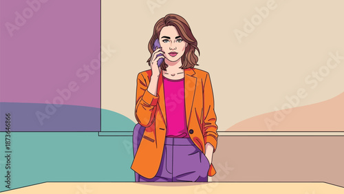 Modern vector art of a contemporary female professional making an important call on her mobile