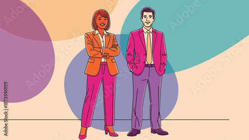 Diverse business professionals radiating confidence in a vibrant corporate setting with modern style