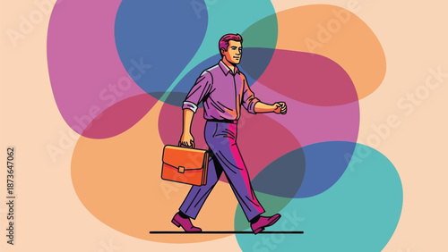 Confident businessman striding forward with his briefcase amidst vibrant abstract shapes