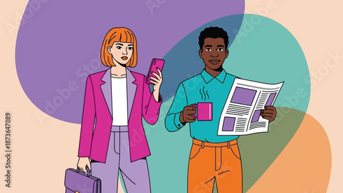 Diverse individuals navigating daily routines with digital devices and printed media