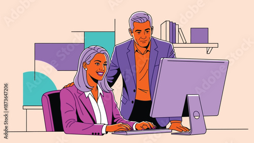 Professional business partners actively collaborating on a shared project at an advanced computer