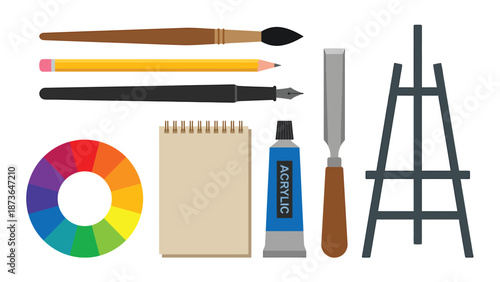 Flat Design Art Tools Kit with Easel, Brushes, Paint, and Color Wheel