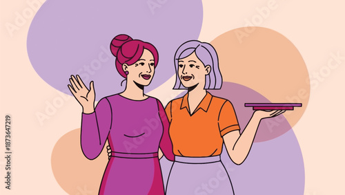 Friendly illustration of two smiling women, one waving, the other presenting a service tray