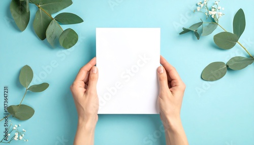 Hands holding blank paper with eucalyptus leaves on blue background.
