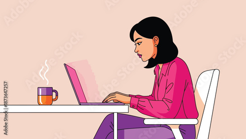 A woman focused on her laptop while enjoying a warm beverage at her organized workspace