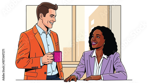 Engaging professional colleagues share a friendly moment during an office interaction, fostering