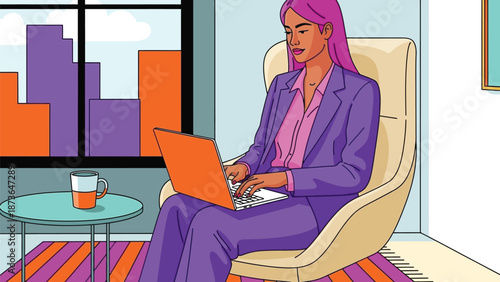 Modern professional woman focused on remote work with her vibrant laptop in a stylish urban home