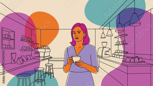Artistic illustration of a woman with pink hair holding coffee in a modern, vibrant cafe interior