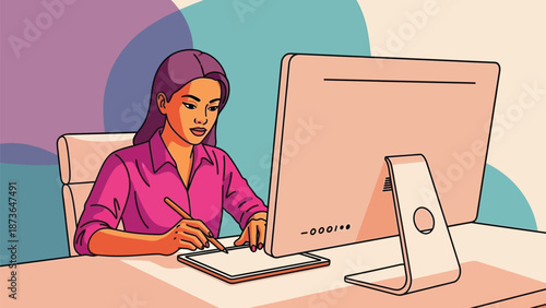 Focused woman expertly drawing on a digital tablet at her modern professional workstation in a