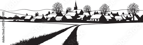 Snowy Village Landscape with Road and Trees Silhouette