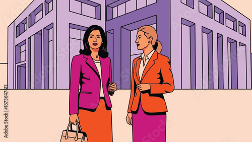 Empowered women in distinct blazers engaging in dialogue before an imposing city edifice